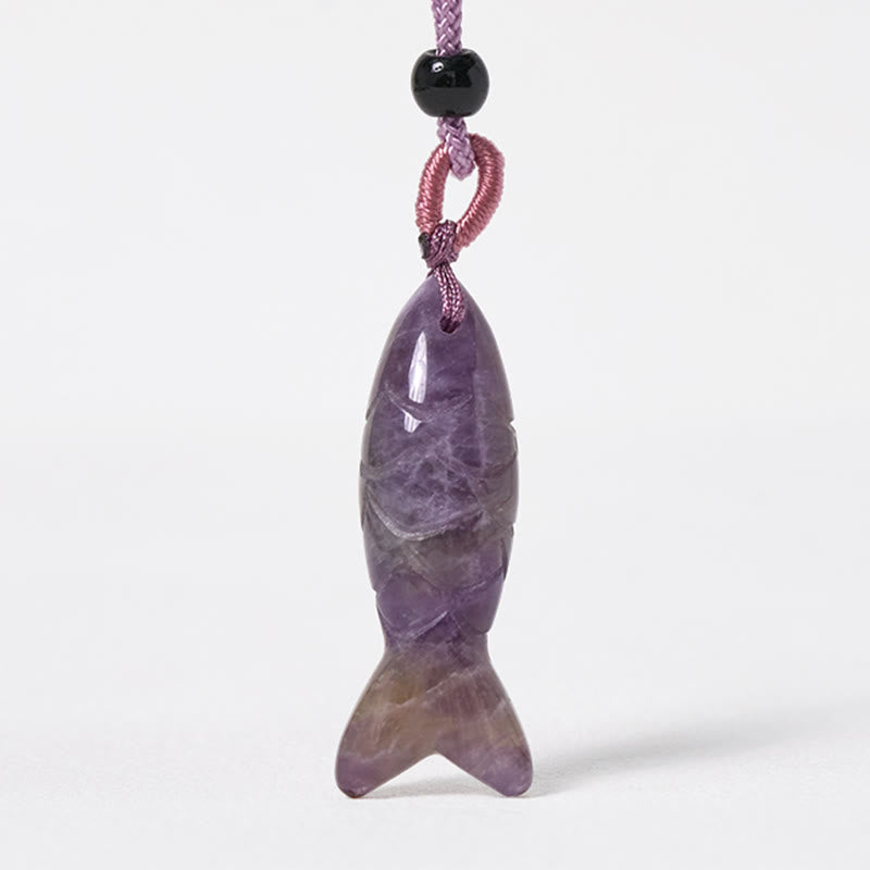Nimara Ritual Carving Koi Fish Pink Crystal Indian Agate Amethyst Warmth Prosperity Necklace Pendant