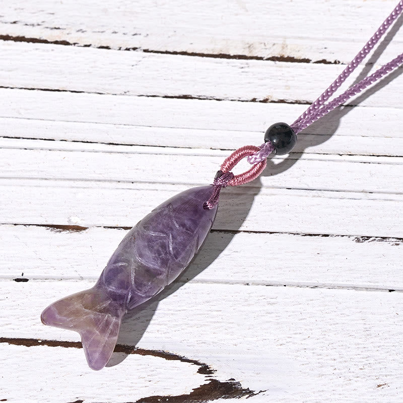 Nimara Ritual Carving Koi Fish Pink Crystal Indian Agate Amethyst Warmth Prosperity Necklace Pendant