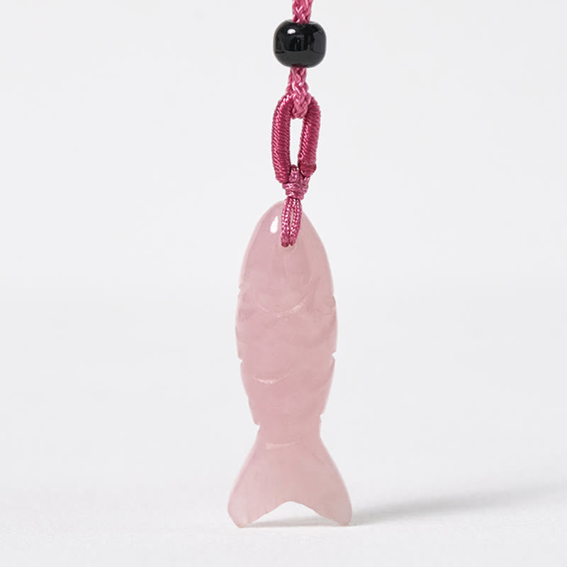 Nimara Ritual Carving Koi Fish Pink Crystal Indian Agate Amethyst Warmth Prosperity Necklace Pendant