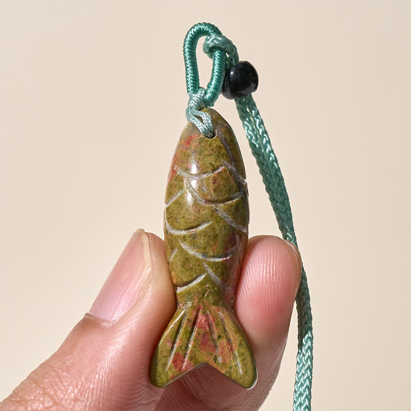 Nimara Ritual Carving Koi Fish Pink Crystal Indian Agate Amethyst Warmth Prosperity Necklace Pendant