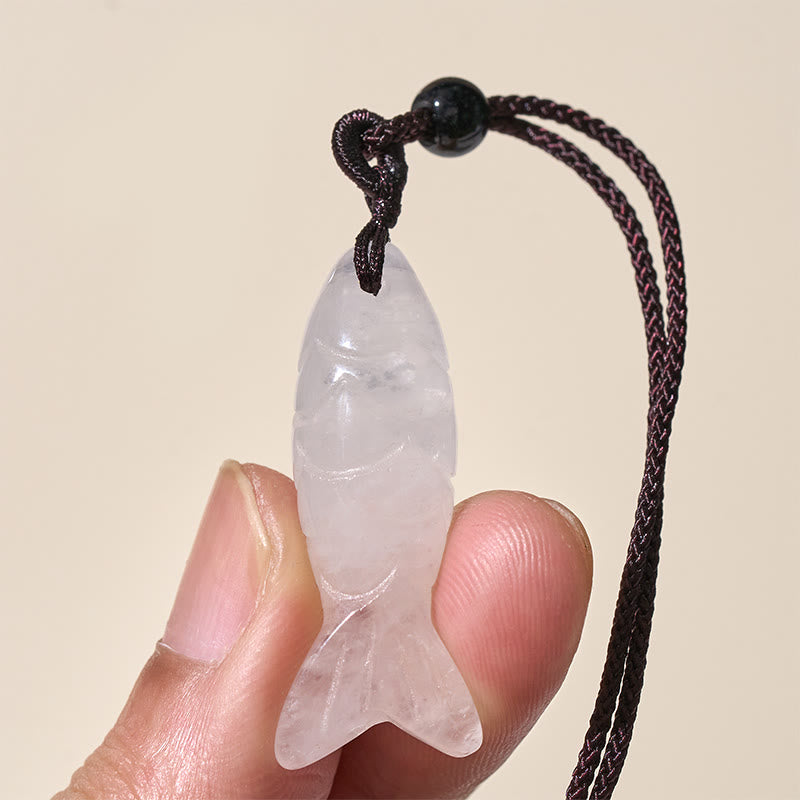 Nimara Ritual Carving Koi Fish Pink Crystal Indian Agate Amethyst Warmth Prosperity Necklace Pendant