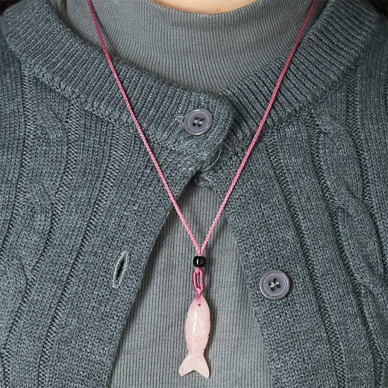 Nimara Ritual Carving Koi Fish Pink Crystal Indian Agate Amethyst Warmth Prosperity Necklace Pendant