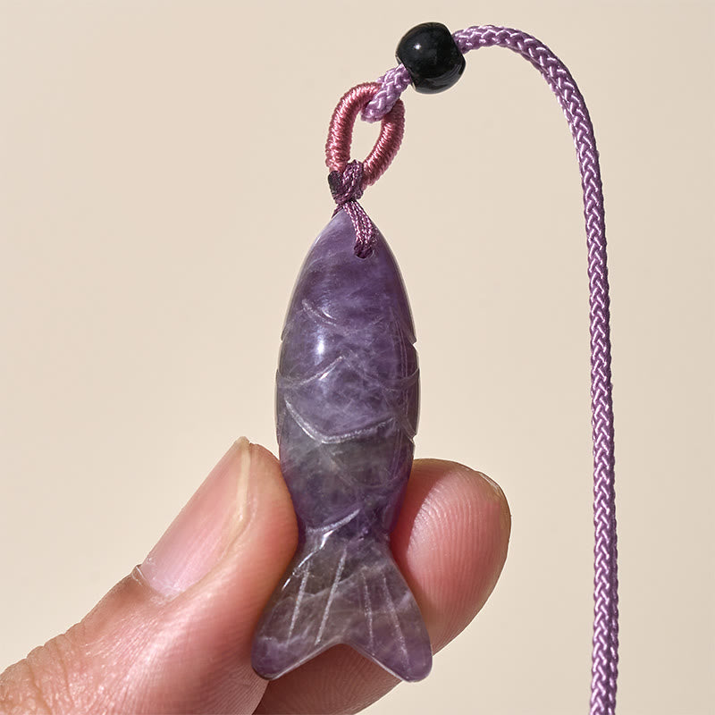 Nimara Ritual Carving Koi Fish Pink Crystal Indian Agate Amethyst Warmth Prosperity Necklace Pendant
