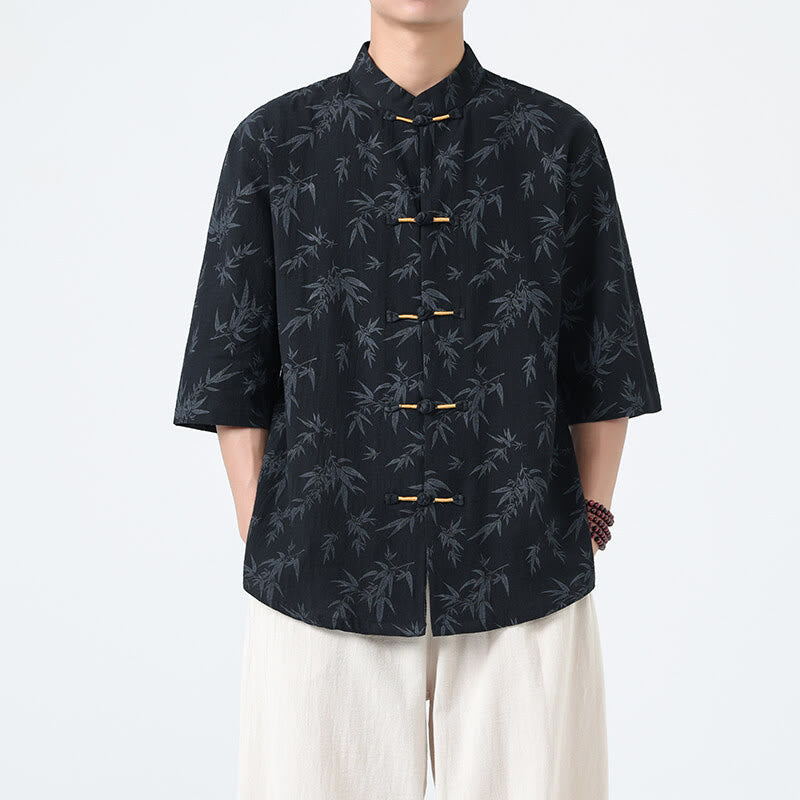 Nimara Ritual Summer Bamboo Leaves Pattern Chinese Frog-Button Cotton Linen Short Sleeve Men's Shirt