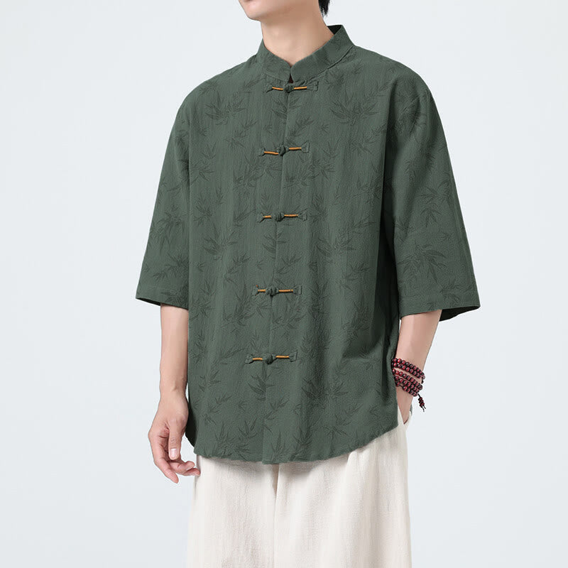 Nimara Ritual Summer Bamboo Leaves Pattern Chinese Frog-Button Cotton Linen Short Sleeve Men's Shirt