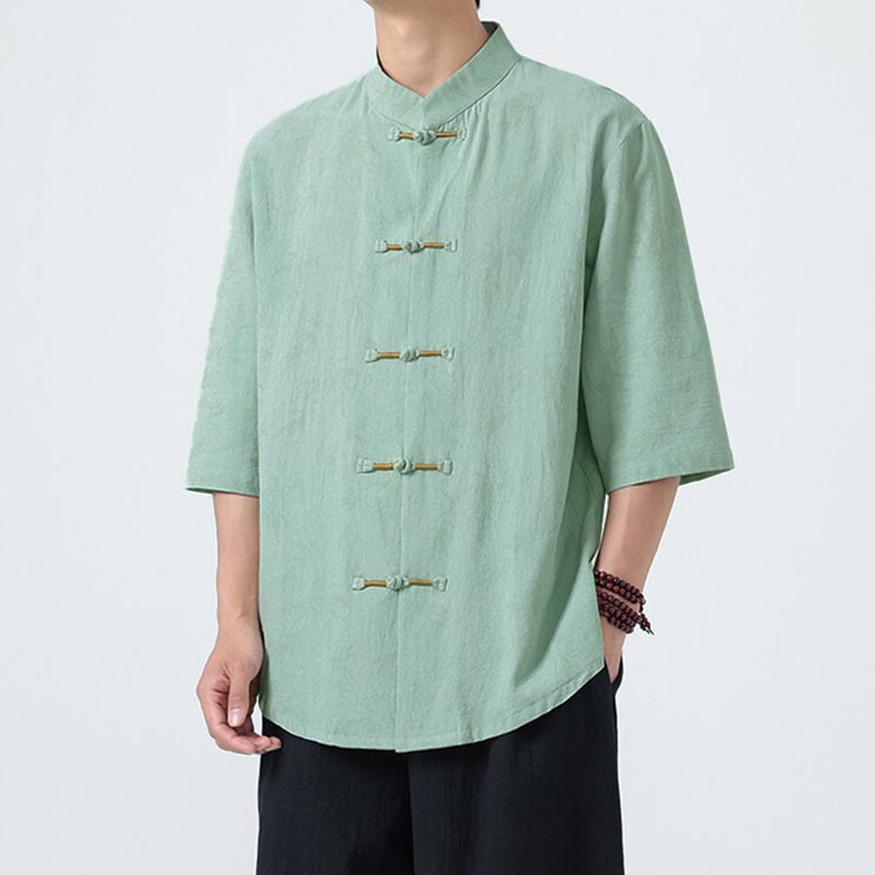 Nimara Ritual Summer Bamboo Leaves Pattern Chinese Frog-Button Cotton Linen Short Sleeve Men's Shirt