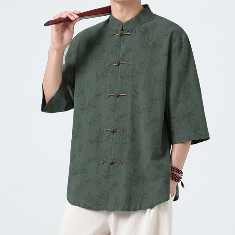Nimara Ritual Summer Bamboo Leaves Pattern Chinese Frog-Button Cotton Linen Short Sleeve Men's Shirt