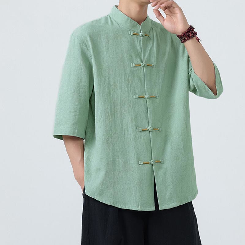 Nimara Ritual Summer Bamboo Leaves Pattern Chinese Frog-Button Cotton Linen Short Sleeve Men's Shirt