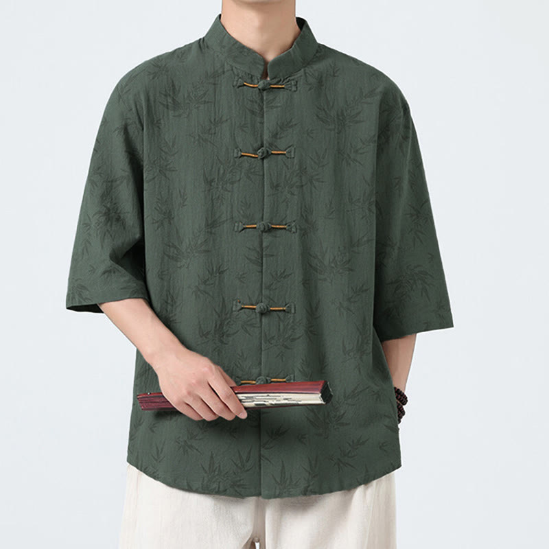 Nimara Ritual Summer Bamboo Leaves Pattern Chinese Frog-Button Cotton Linen Short Sleeve Men's Shirt