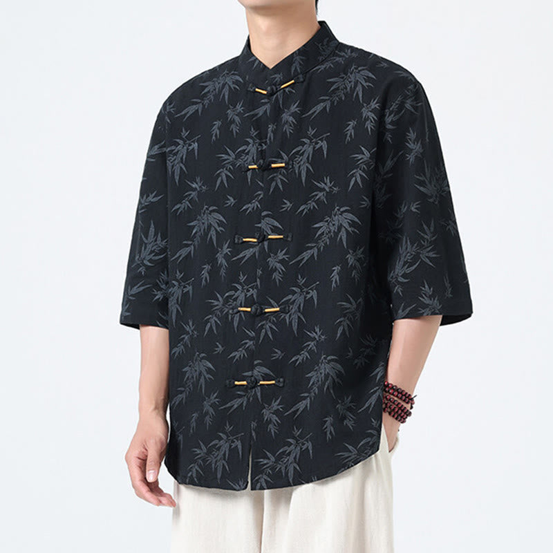 Nimara Ritual Summer Bamboo Leaves Pattern Chinese Frog-Button Cotton Linen Short Sleeve Men's Shirt