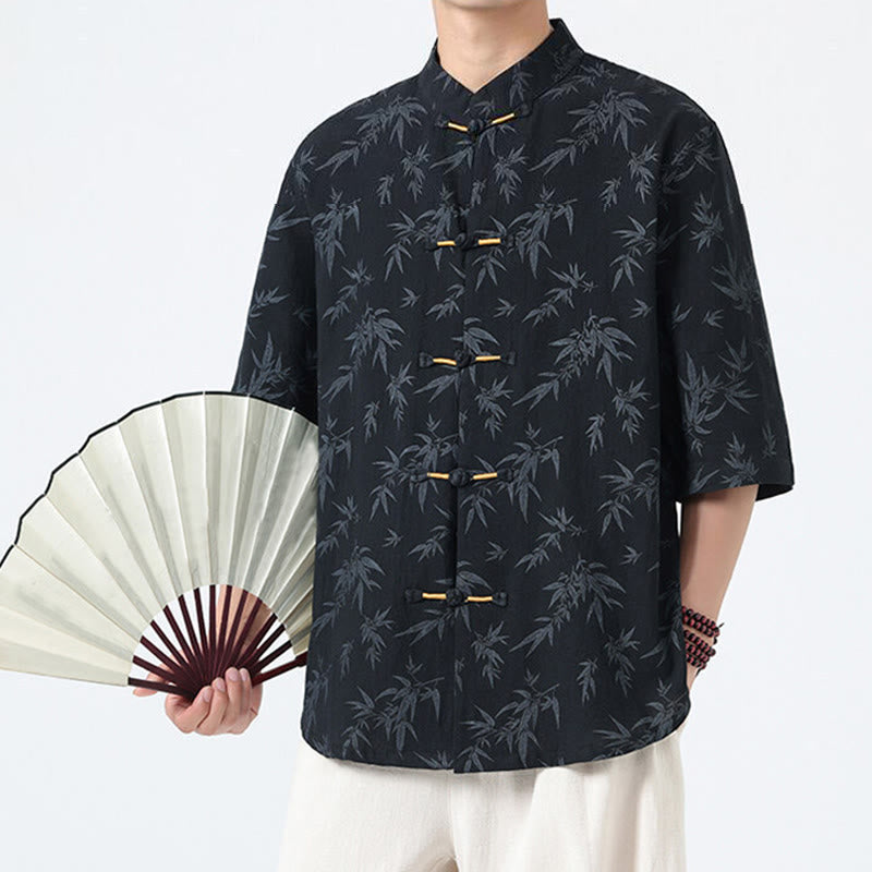Nimara Ritual Summer Bamboo Leaves Pattern Chinese Frog-Button Cotton Linen Short Sleeve Men's Shirt