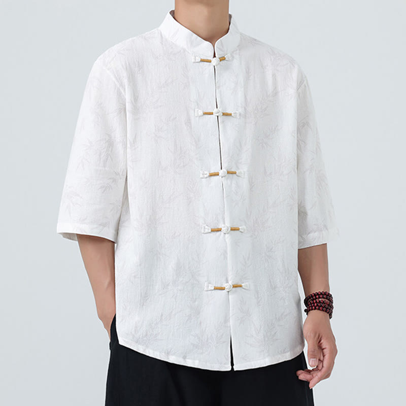 Nimara Ritual Summer Bamboo Leaves Pattern Chinese Frog-Button Cotton Linen Short Sleeve Men's Shirt