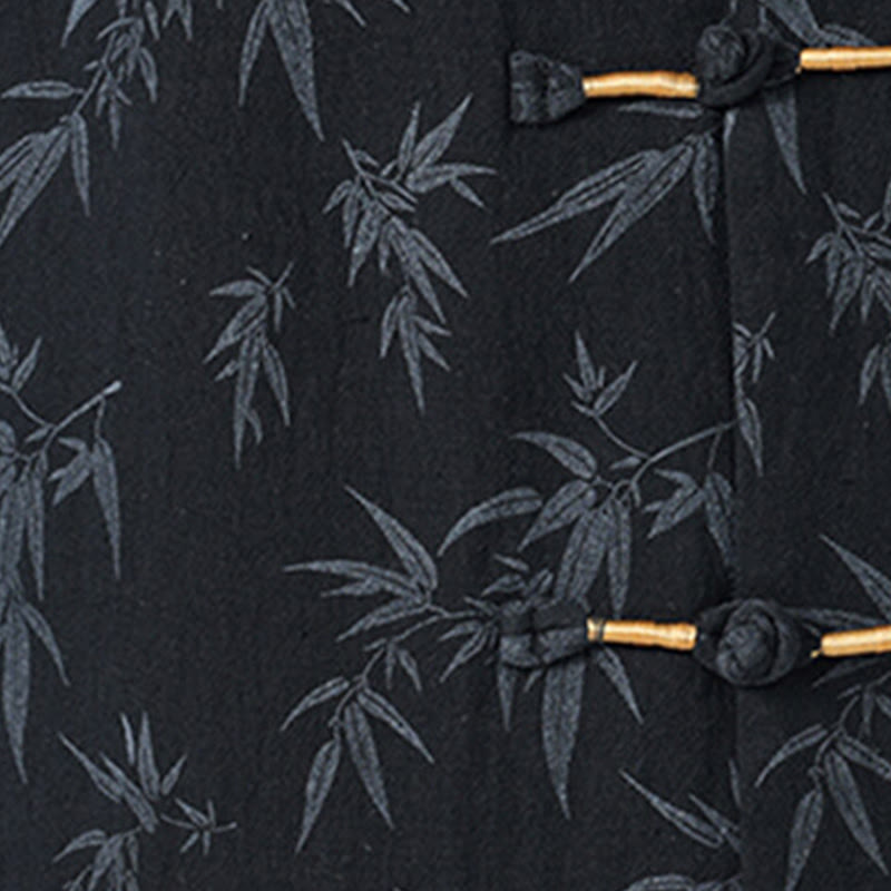 Nimara Ritual Summer Bamboo Leaves Pattern Chinese Frog-Button Cotton Linen Short Sleeve Men's Shirt