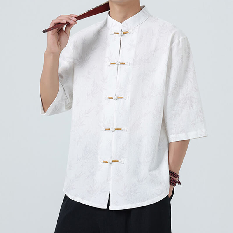 Nimara Ritual Summer Bamboo Leaves Pattern Chinese Frog-Button Cotton Linen Short Sleeve Men's Shirt