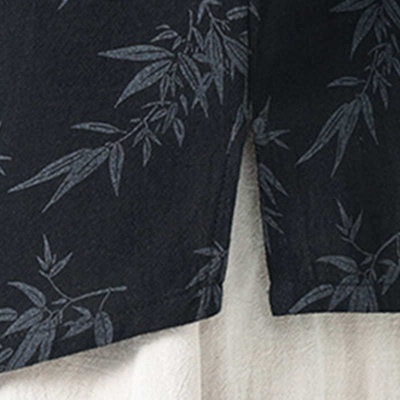 Nimara Ritual Summer Bamboo Leaves Pattern Chinese Frog-Button Cotton Linen Short Sleeve Men's Shirt