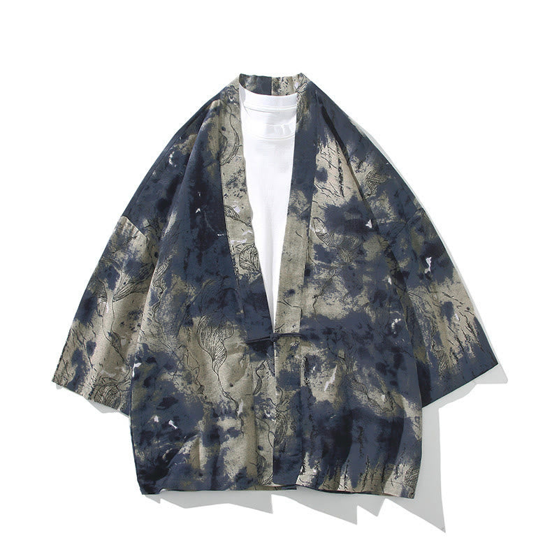 Nimara Ritual Geometry Floral Stripes Butterfly Ink Open Front Half Sleeve Jacket Men's Kimono
