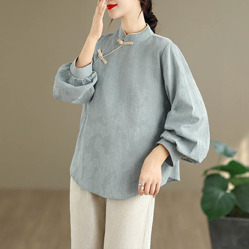 Nimara Ritual Spring Traditional Floral Frog-Button Stand Collar Long Sleeve Women's Cotton Shirt