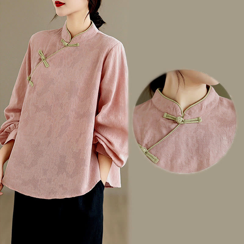 Nimara Ritual Spring Traditional Floral Frog-Button Stand Collar Long Sleeve Women's Cotton Shirt