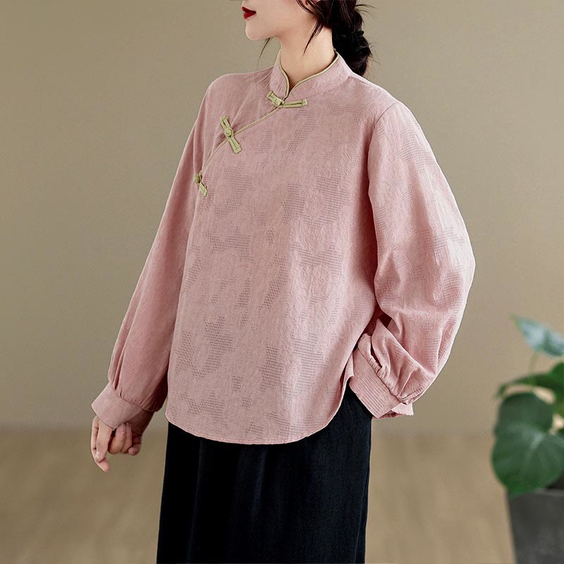 Nimara Ritual Spring Traditional Floral Frog-Button Stand Collar Long Sleeve Women's Cotton Shirt