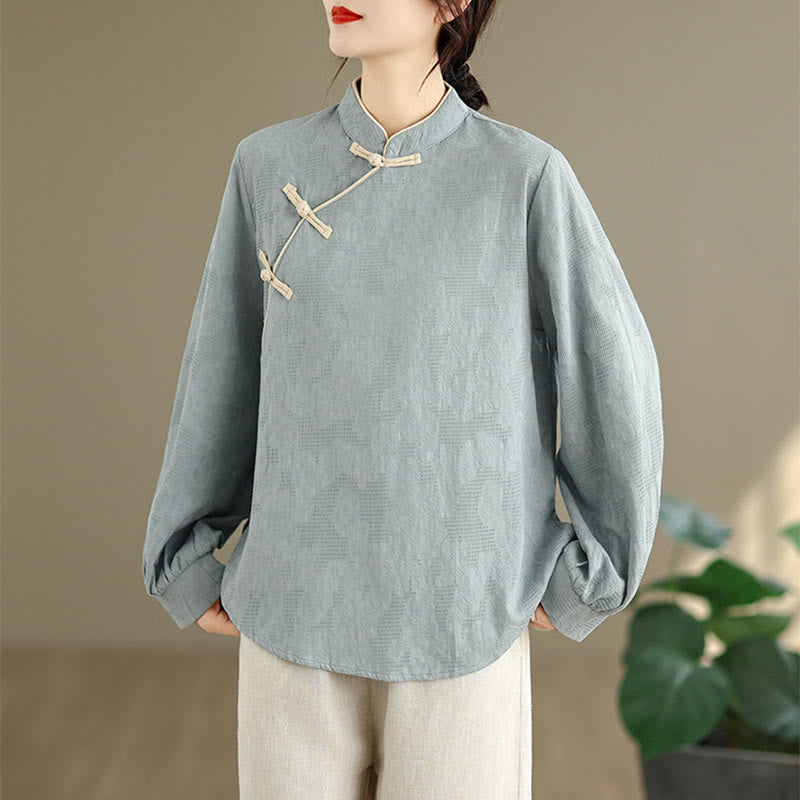 Nimara Ritual Spring Traditional Floral Frog-Button Stand Collar Long Sleeve Women's Cotton Shirt