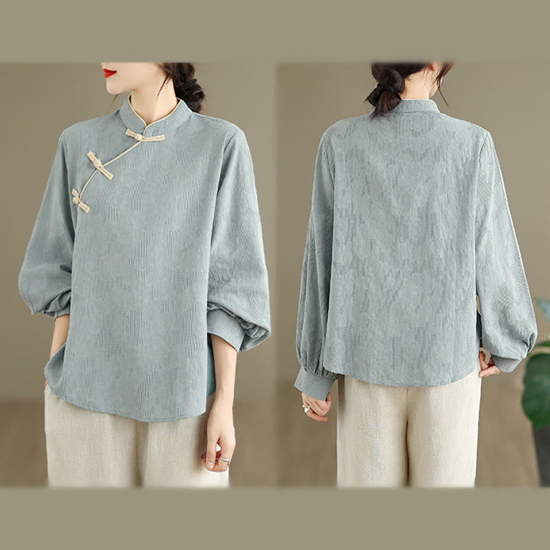 Nimara Ritual Spring Traditional Floral Frog-Button Stand Collar Long Sleeve Women's Cotton Shirt
