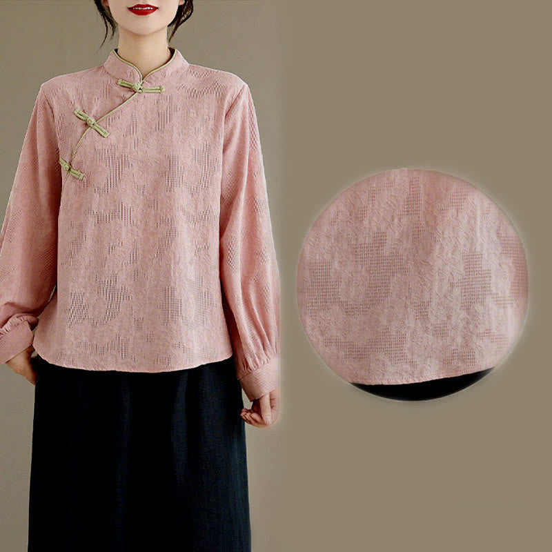 Nimara Ritual Spring Traditional Floral Frog-Button Stand Collar Long Sleeve Women's Cotton Shirt