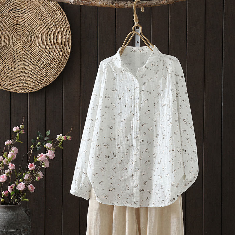 Nimara Ritual Fall Small Floral Pattern Buttons Down Design Long Sleeve Women's Cotton Shirt