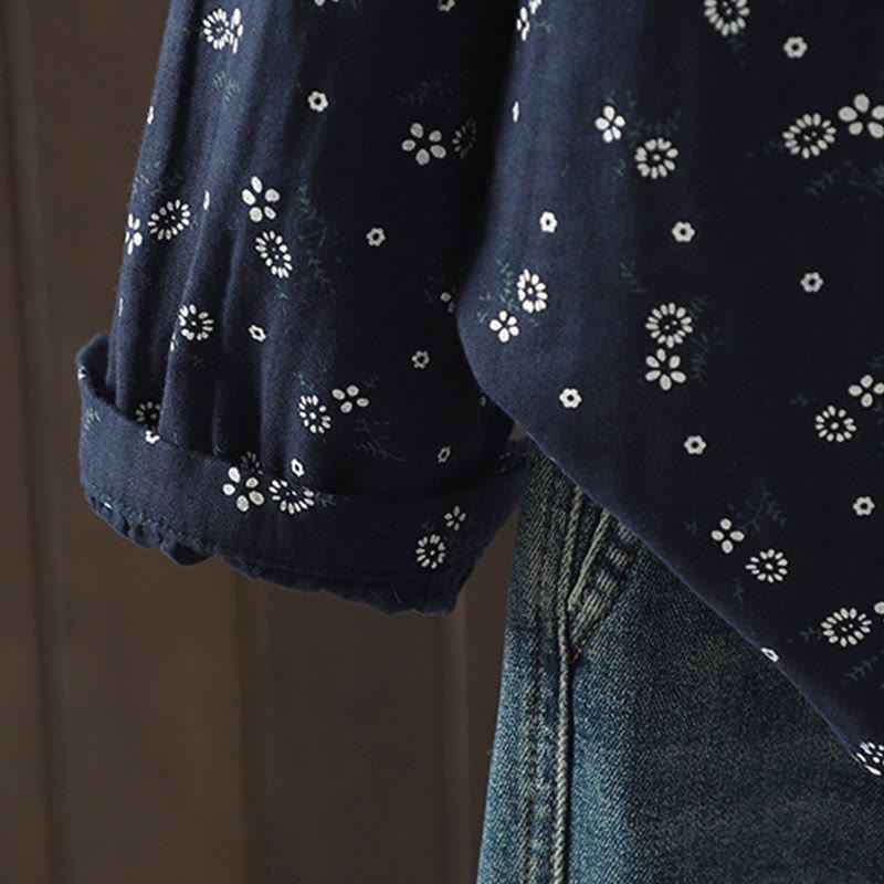 Nimara Ritual Fall Small Floral Pattern Buttons Down Design Long Sleeve Women's Cotton Shirt