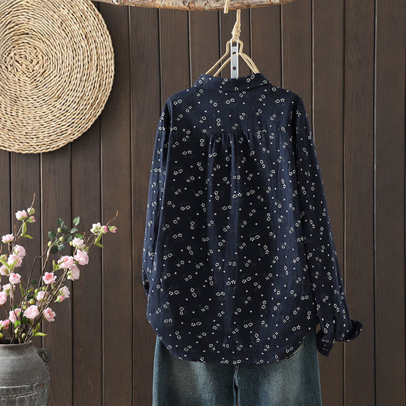 Nimara Ritual Fall Small Floral Pattern Buttons Down Design Long Sleeve Women's Cotton Shirt