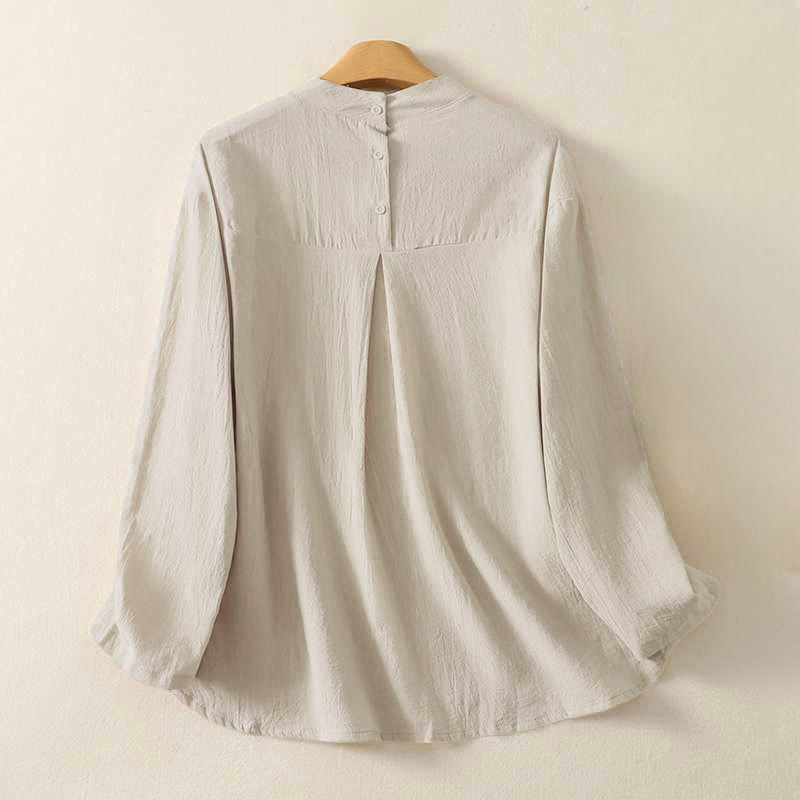 Nimara Ritual Fall Plain Crew Neck Back Three Buttons Design Women's Cotton Long Sleeve Shirt