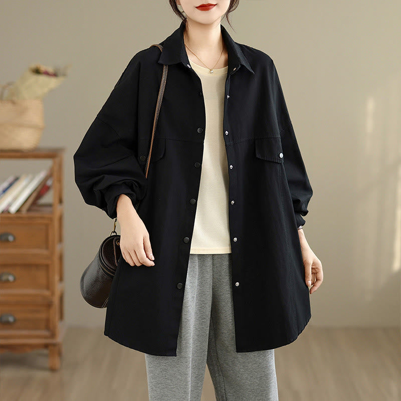 Nimara Ritual Fall Pure Color Lapel Button Simple Design Women's Cotton Long Sleeve Jacket