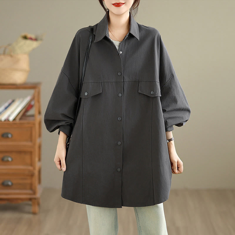 Nimara Ritual Fall Pure Color Lapel Button Simple Design Women's Cotton Long Sleeve Jacket