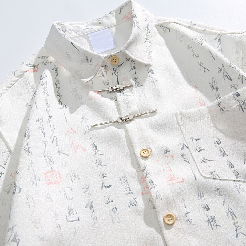 Nimara Ritual Calligraphy Print Pattern Metal Bar Frog Closure Design Short Sleeve Men's Shirt With Pocket