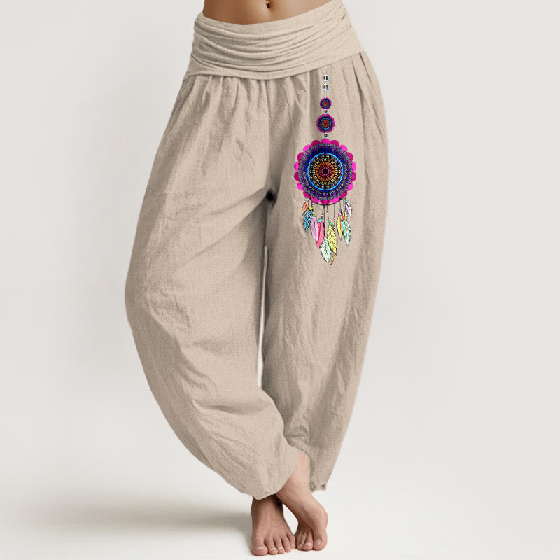 Nimara Ritual Colorful Dreamcatchers Pattern Pure Cotton Women's Elastic Waist Harem Pants