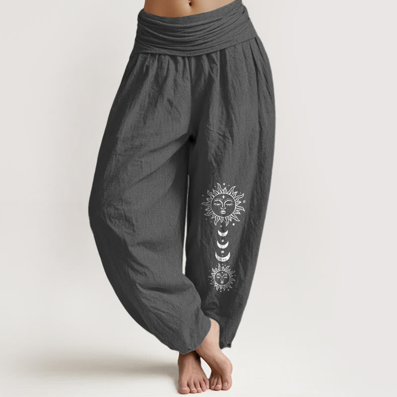 Nimara Ritual Bohemian Sun Moon Pattern Women's Elastic Waist Harem Pure Cotton Pants