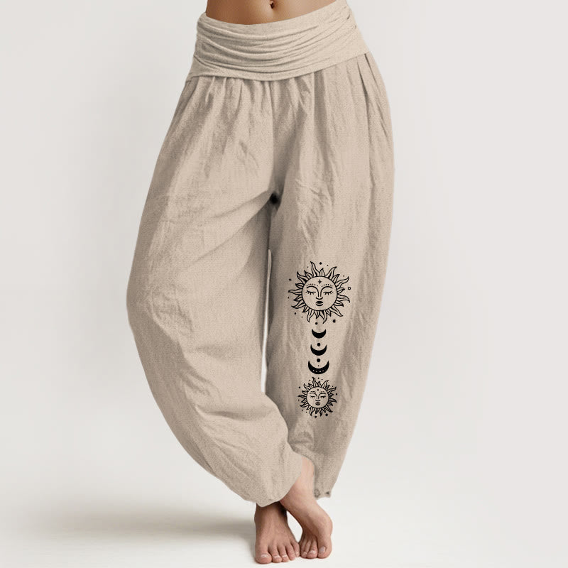 Nimara Ritual Bohemian Sun Moon Pattern Women's Elastic Waist Harem Pure Cotton Pants