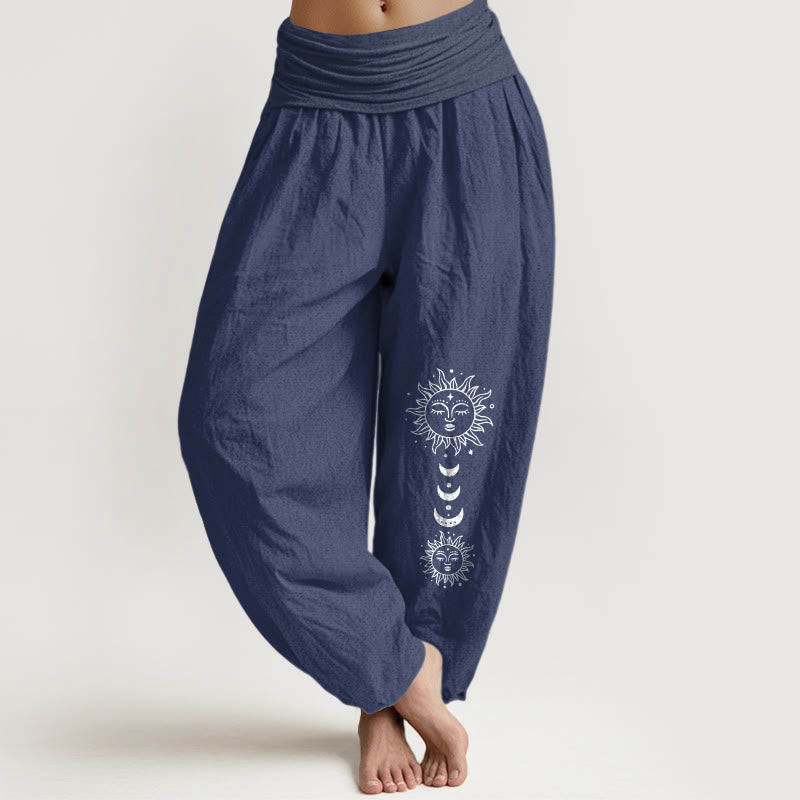 Nimara Ritual Bohemian Sun Moon Pattern Women's Elastic Waist Harem Pure Cotton Pants