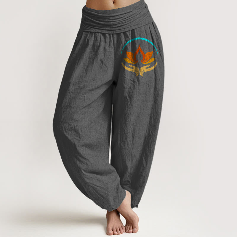 Nimara Ritual Lotus Buddha Symbol Pattern Elastic Waist Women's Harem Pure Cotton Pants