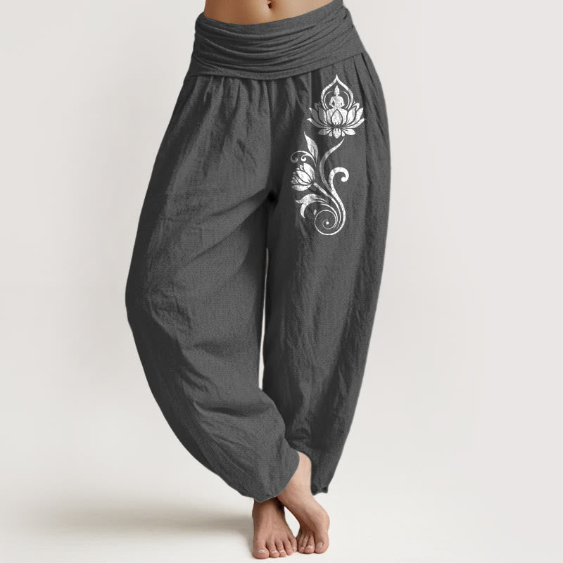 Nimara Ritual Sitting Buddha Lotus Floral Pattern Elastic Waist Women's Harem Pure Cotton Pants