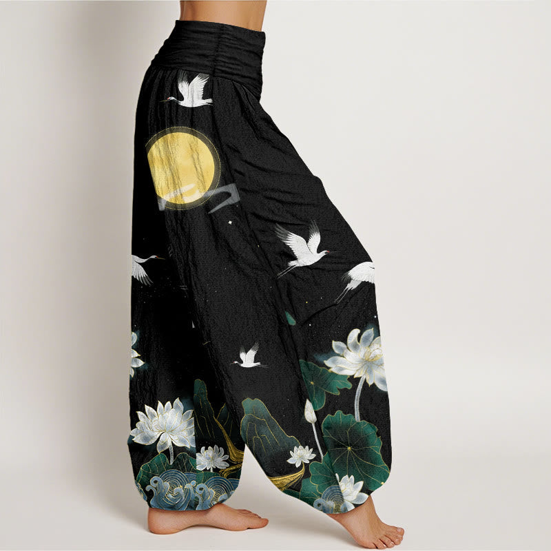 Nimara Ritual Pure Cotton Crane Blooming Lotus Moon Mountain Women's Elastic Waist Harem Pants