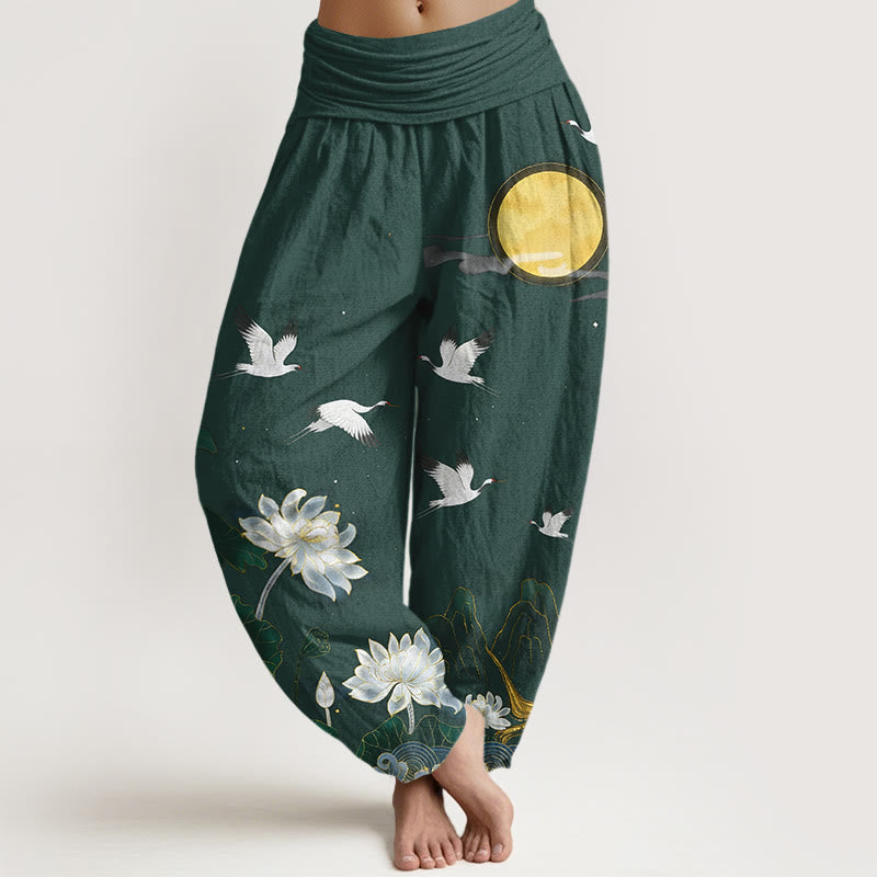 Nimara Ritual Pure Cotton Crane Blooming Lotus Moon Mountain Women's Elastic Waist Harem Pants