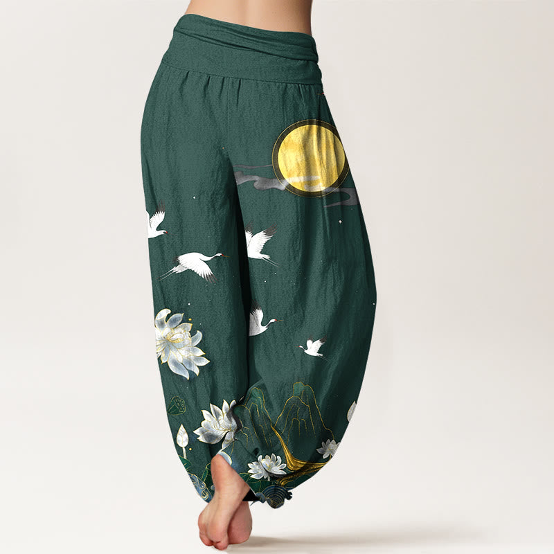 Nimara Ritual Pure Cotton Crane Blooming Lotus Moon Mountain Women's Elastic Waist Harem Pants