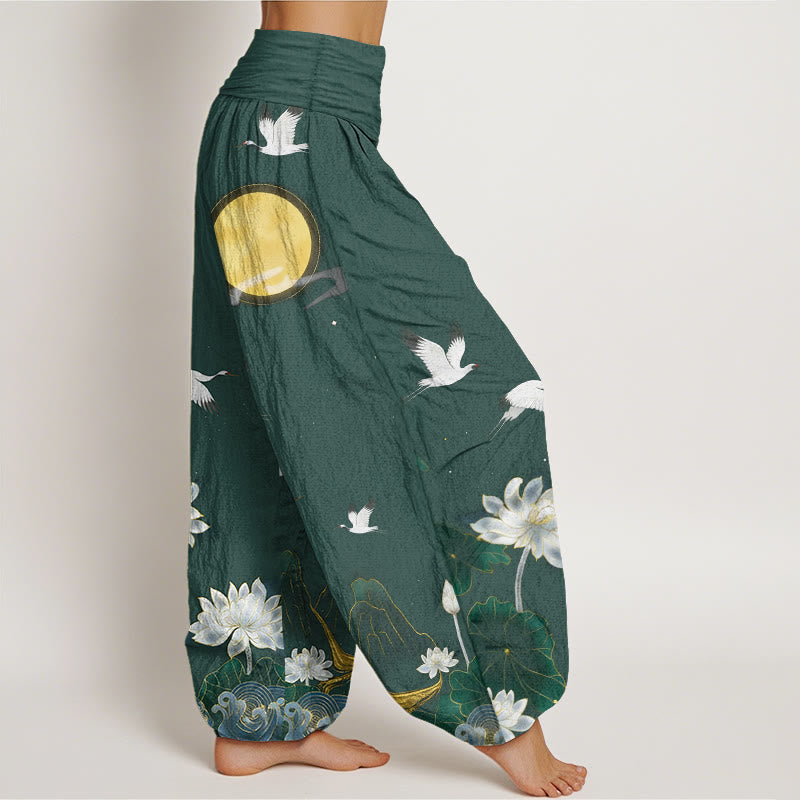 Nimara Ritual Pure Cotton Crane Blooming Lotus Moon Mountain Women's Elastic Waist Harem Pants