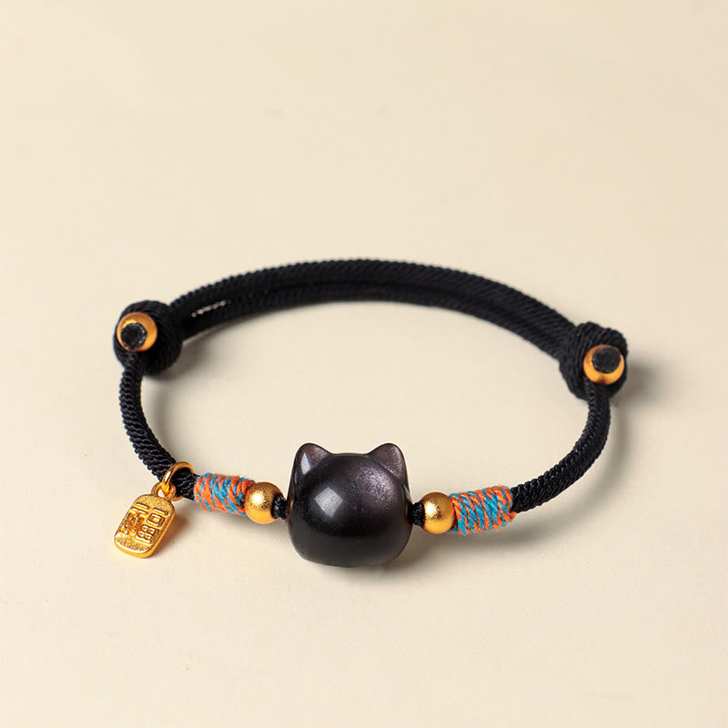 Nimara Ritual Cat Fu Character Silver Sheen Obsidian Pink Crystal String Protection Bracelet