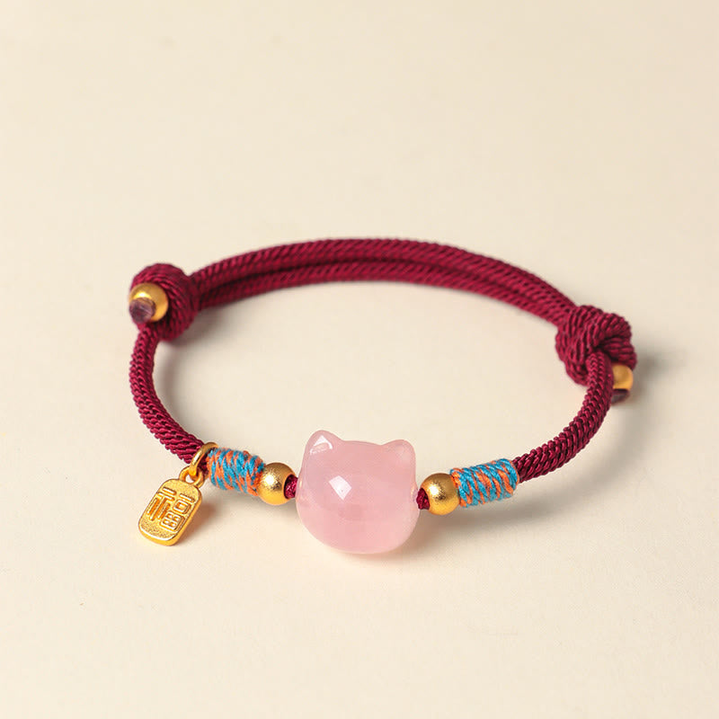 Nimara Ritual Cat Fu Character Silver Sheen Obsidian Pink Crystal String Protection Bracelet