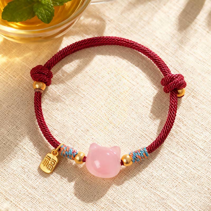 Nimara Ritual Cat Fu Character Silver Sheen Obsidian Pink Crystal String Protection Bracelet