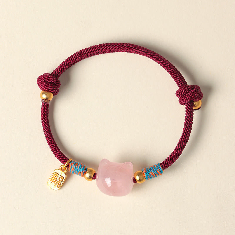 Nimara Ritual Cat Fu Character Silver Sheen Obsidian Pink Crystal String Protection Bracelet