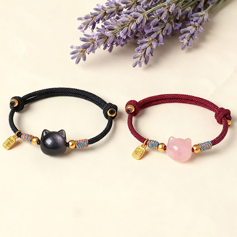 Nimara Ritual Cat Fu Character Silver Sheen Obsidian Pink Crystal String Protection Bracelet