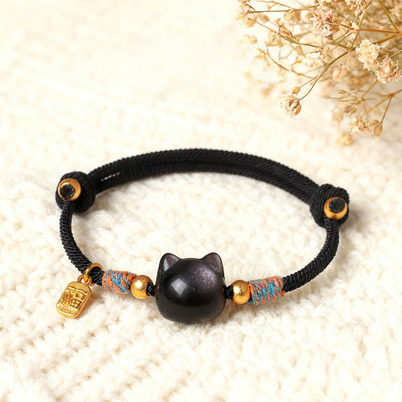 Nimara Ritual Cat Fu Character Silver Sheen Obsidian Pink Crystal String Protection Bracelet