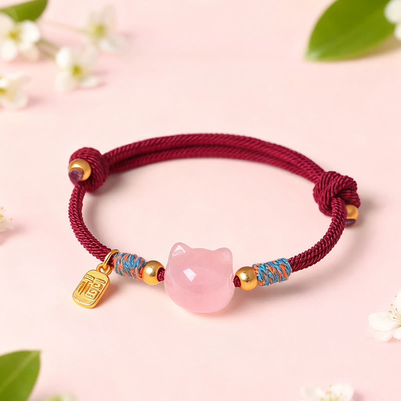 Nimara Ritual Cat Fu Character Silver Sheen Obsidian Pink Crystal String Protection Bracelet